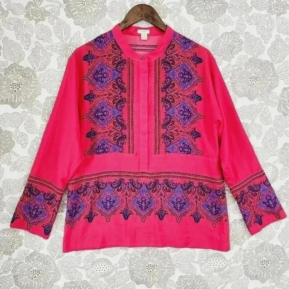 J. Crew Chiffon Paisley Bandana Printed Henley Pullover Women's Blouse M 8698
